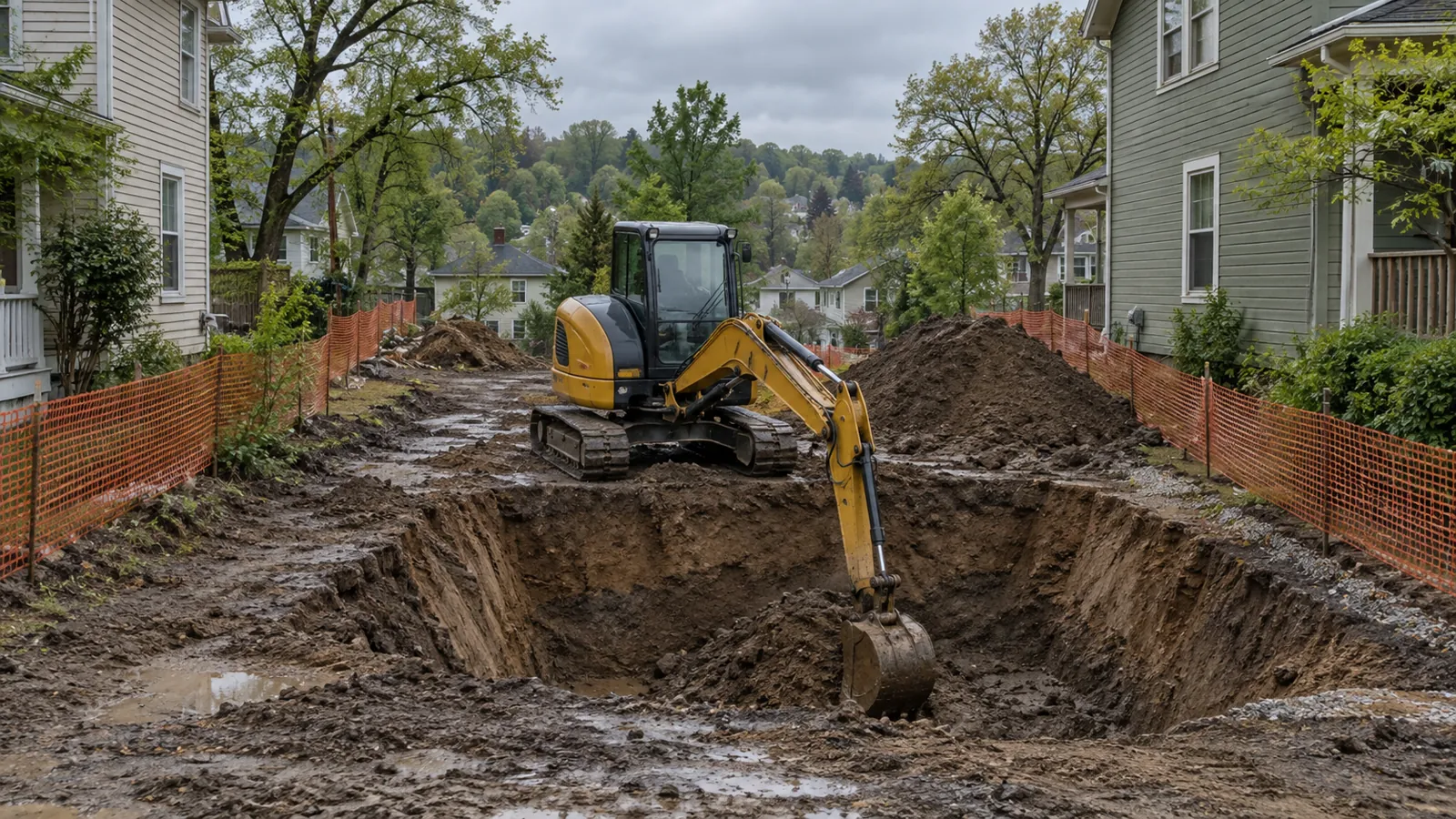 Compact excavator digging a muddy basement on a narrow lot between older two-story homes