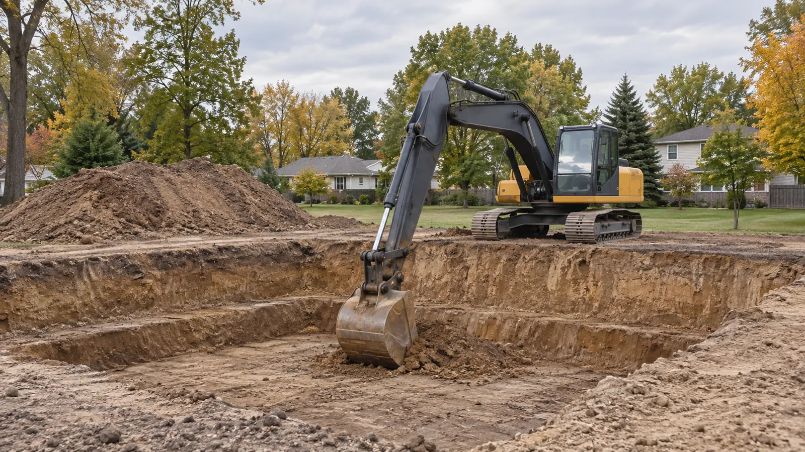 Excavator digging a basement for a new home on a flat, tree-lined residential lot