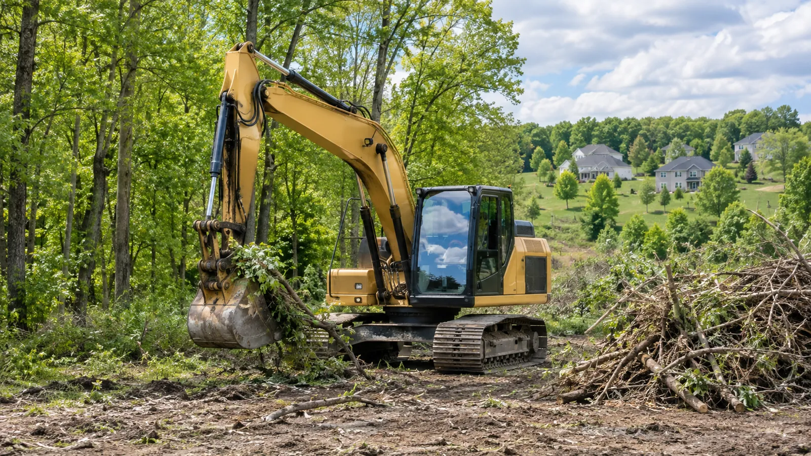 Excavator clearing brush at the edge of a wooded lot on a wooded lot in late spring