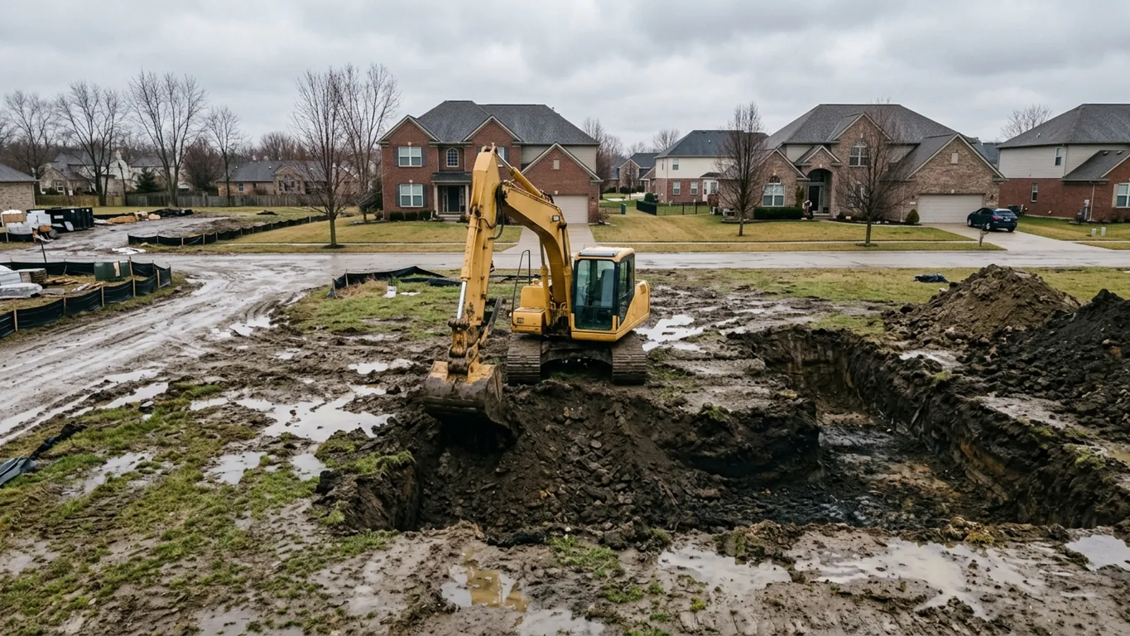 Excavator digging a basement for a new home in early-spring mud