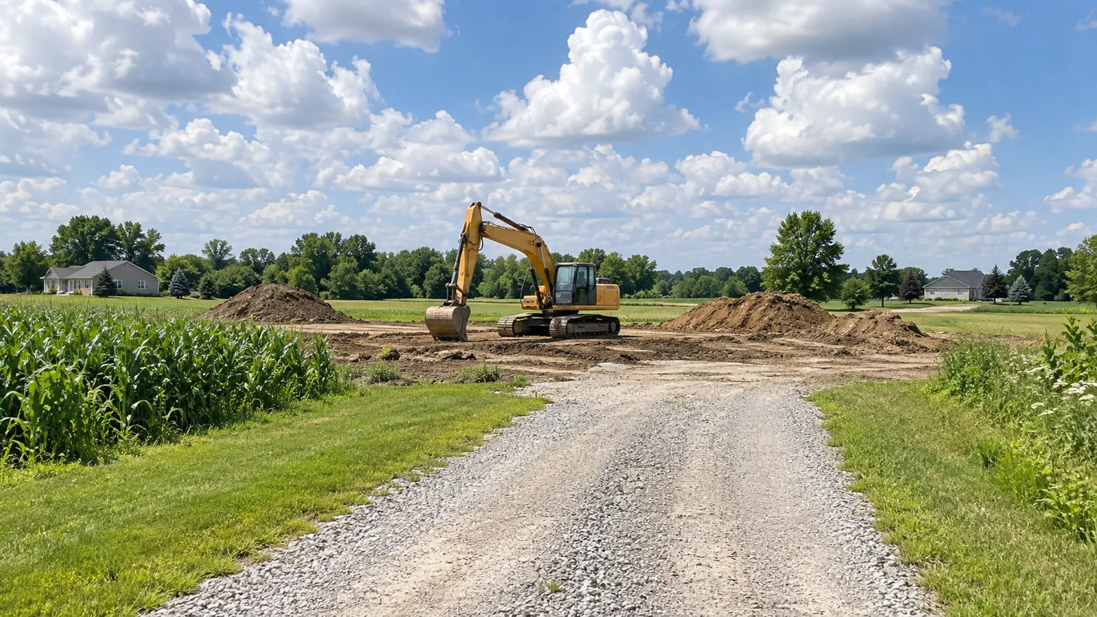 Excavator shaping a building site on an open rural parcel under a big summer sky