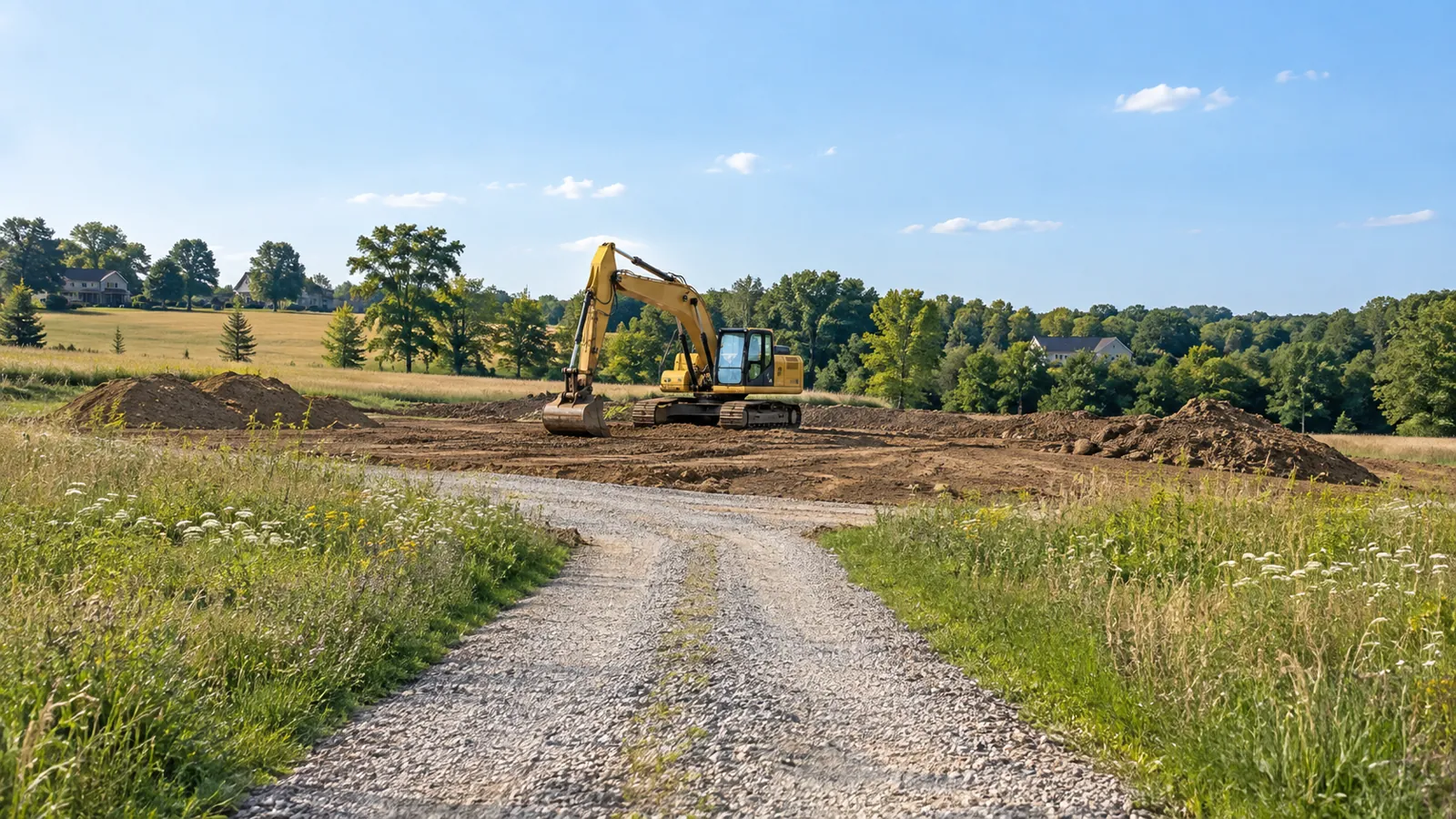 Excavator shaping a building site on an open rural parcel next to summer farm fields