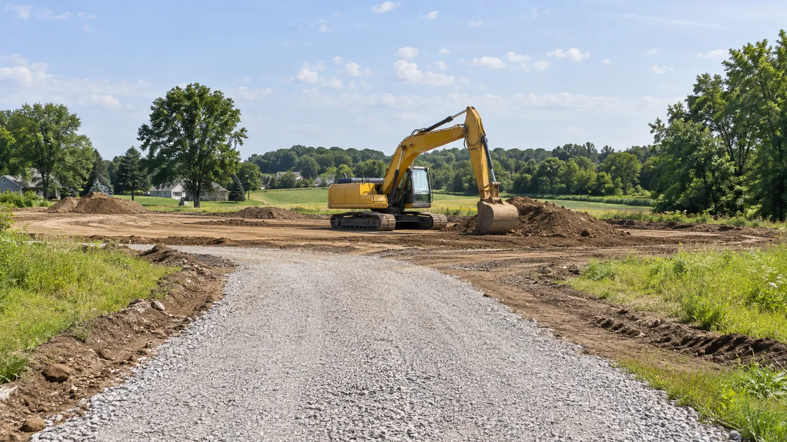 Excavator shaping a building site on an open rural parcel in midsummer sun