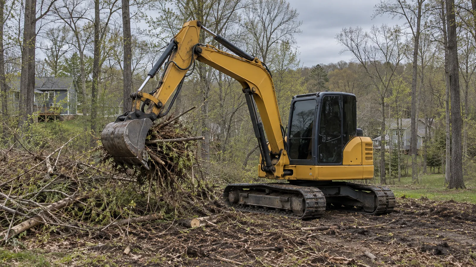 Excavator clearing brush at the edge of a wooded lot on a cool spring day