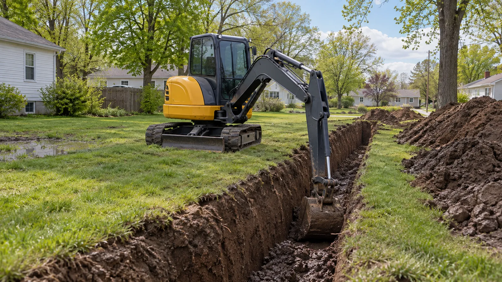 Compact excavator digging a utility trench across a residential lot after a spring rain