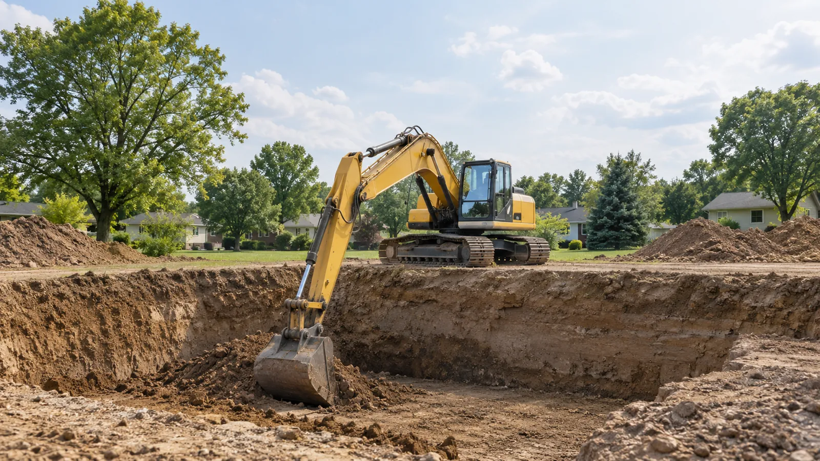 Excavator digging a basement for a new home on a hazy summer afternoon