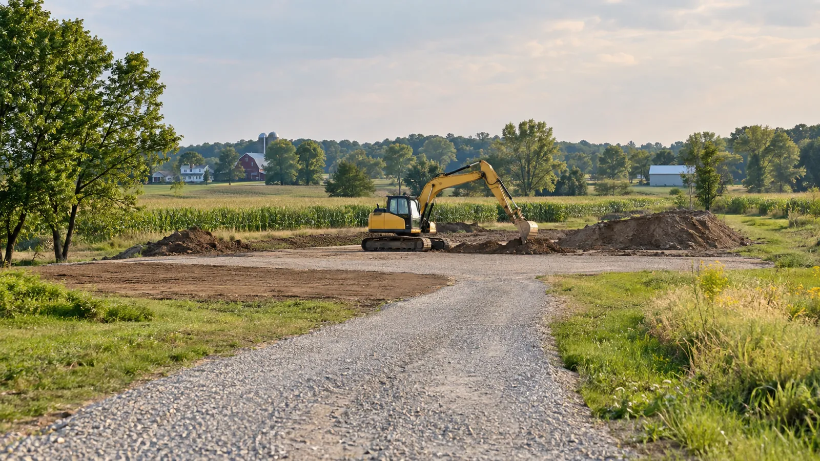 Excavator shaping a building site on an open rural parcel in late-summer haze