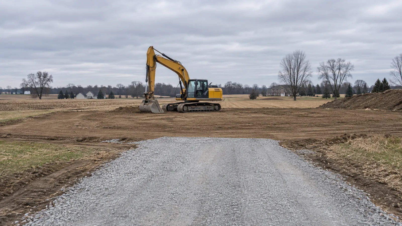 Excavator shaping a building site on an open rural parcel next to harvested fields