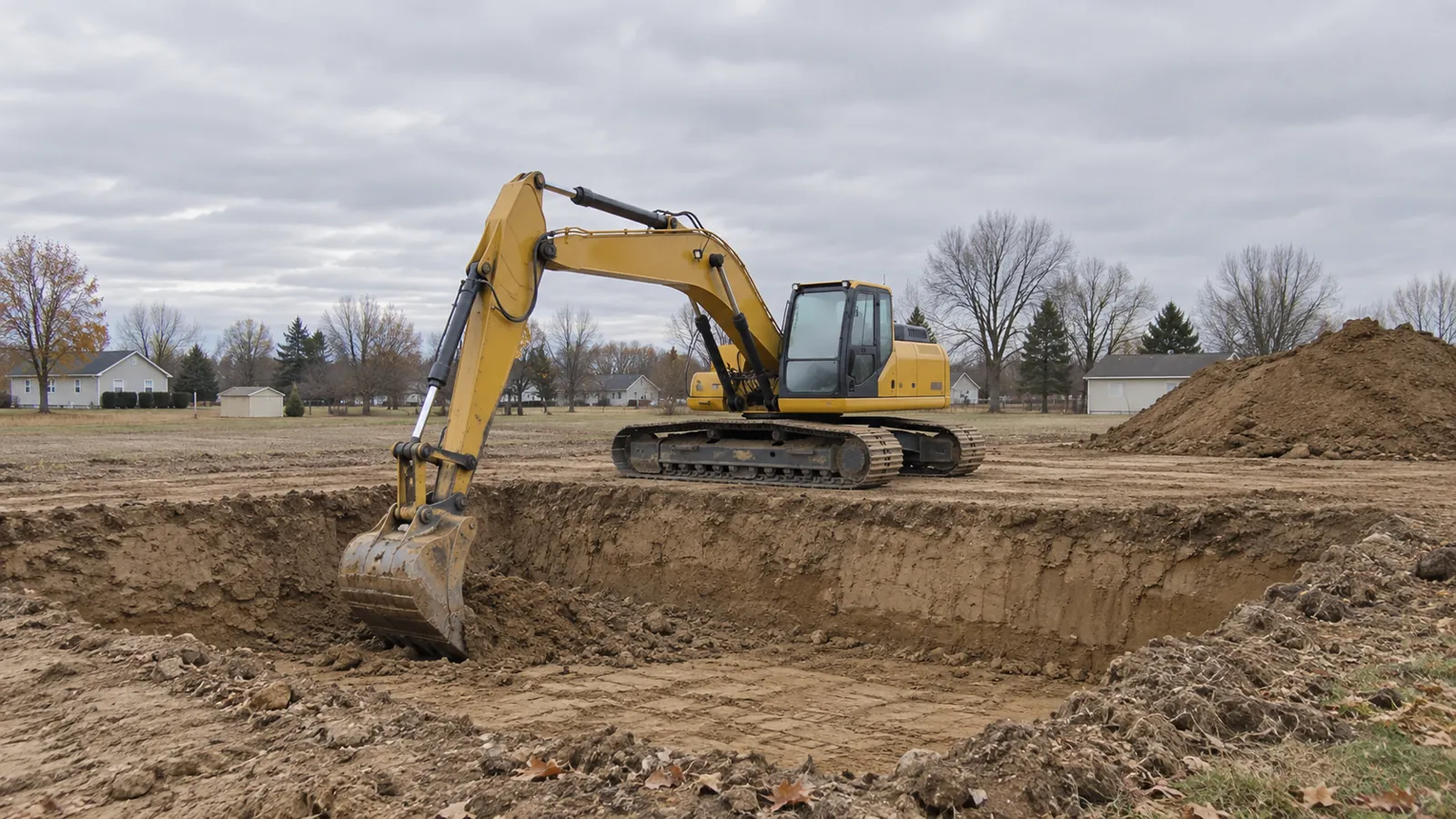 Excavator digging a basement for a new home under late-fall overcast