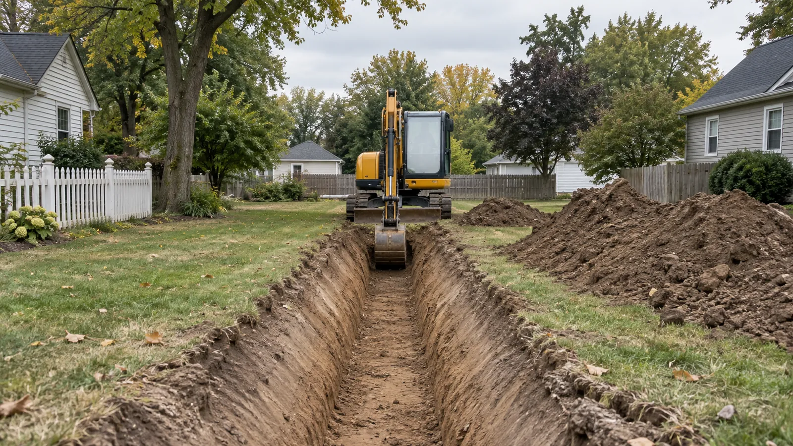 Compact excavator digging a utility trench across a residential lot in early fall