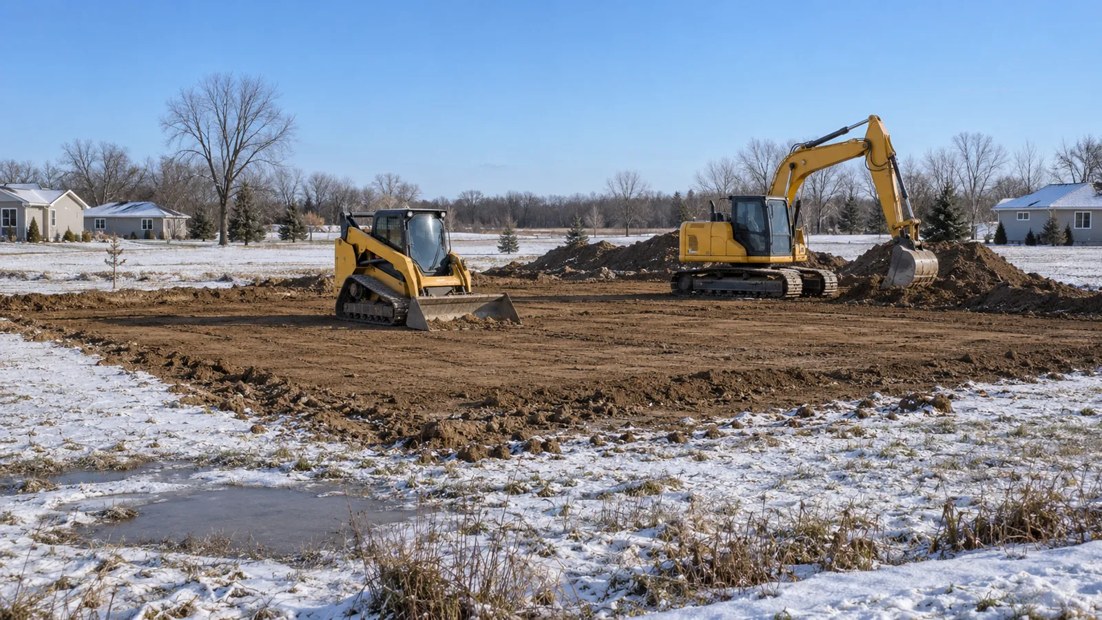 Track loader and excavator grading a new house site after a light early-winter snow