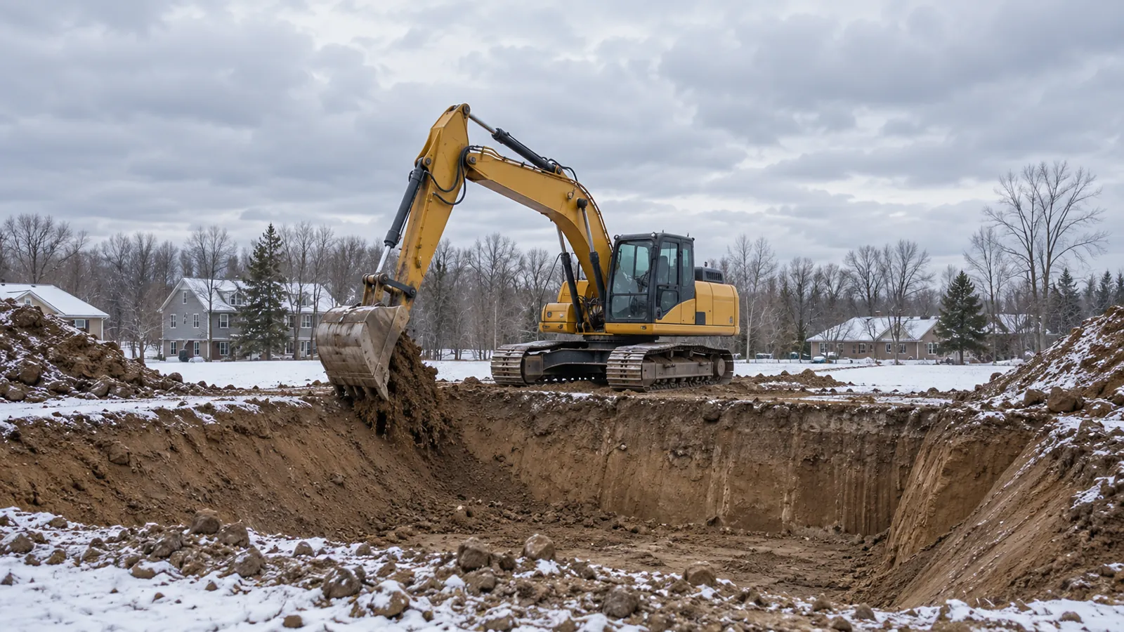 Excavator digging a basement for a new home in early-winter snow