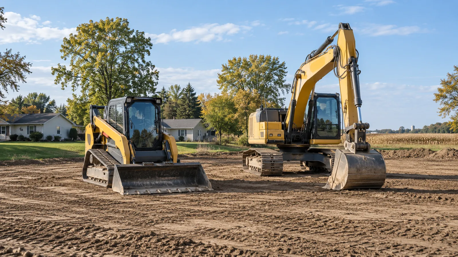 Track loader and excavator grading a new house site on a sunny early-fall day