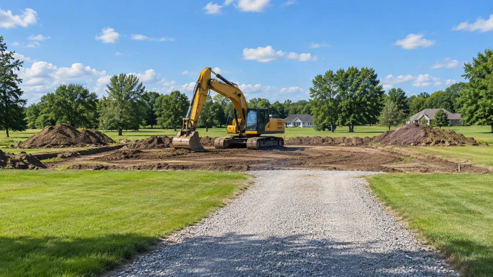 Excavator shaping a building site on an open rural parcel in midsummer