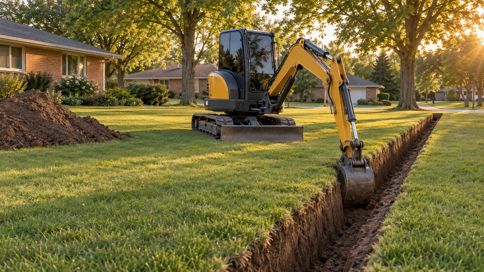 Compact excavator digging a utility trench across a residential lot in warm evening light