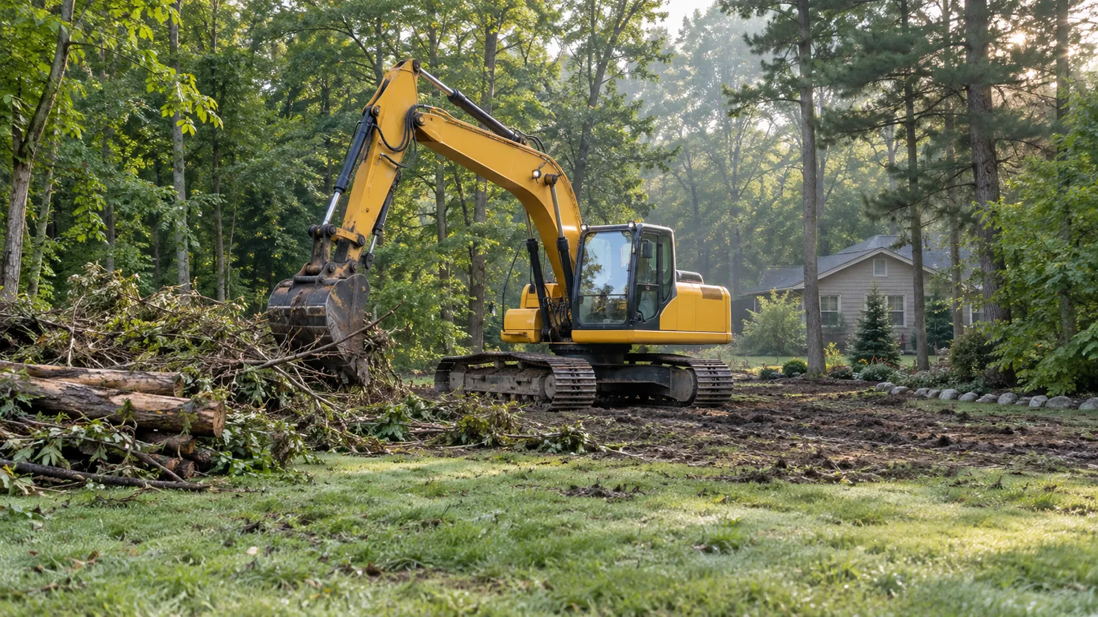 Excavator clearing brush at the edge of a wooded lot on a misty summer morning