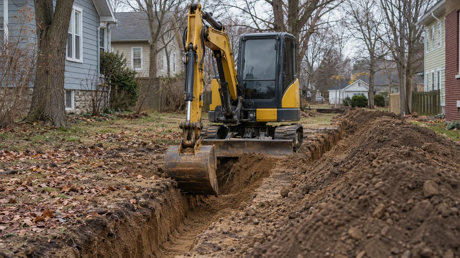 Compact excavator digging a utility trench across a residential lot on an overcast late-fall day