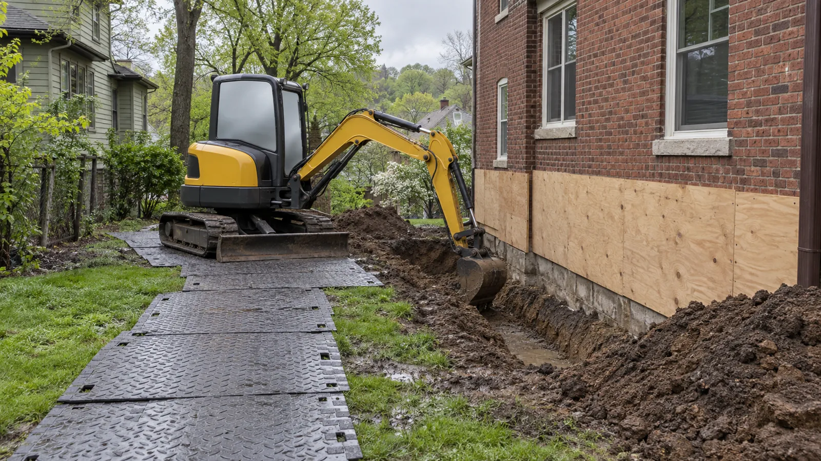 Compact excavator digging footings beside an older brick home on ground protection mats