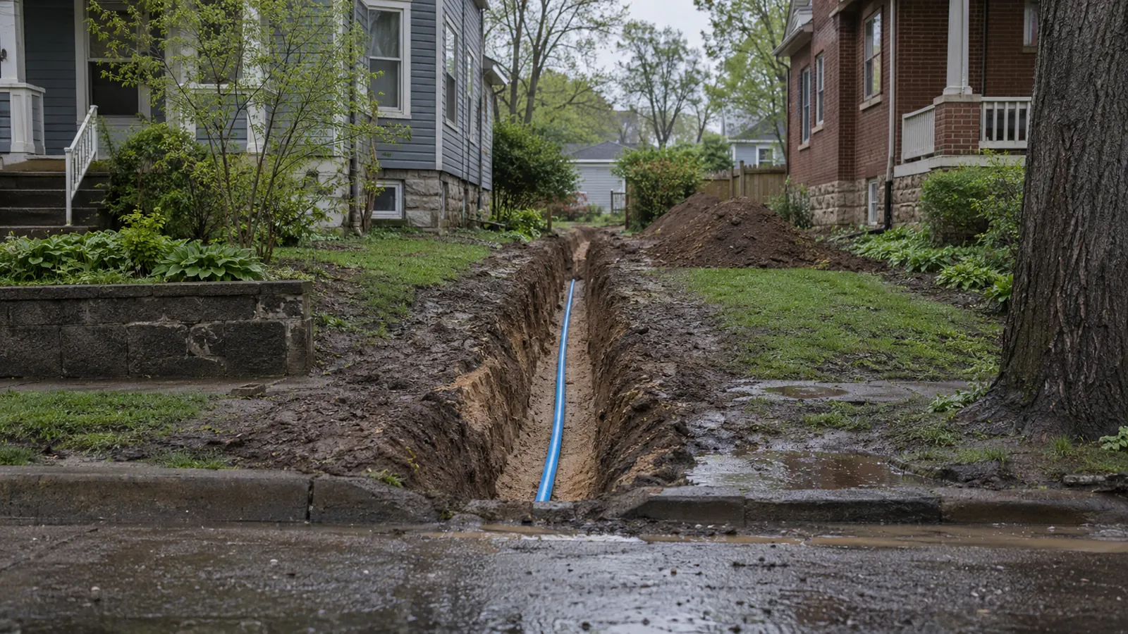 Narrow trench with blue water service pipe running from the street through a side yard
