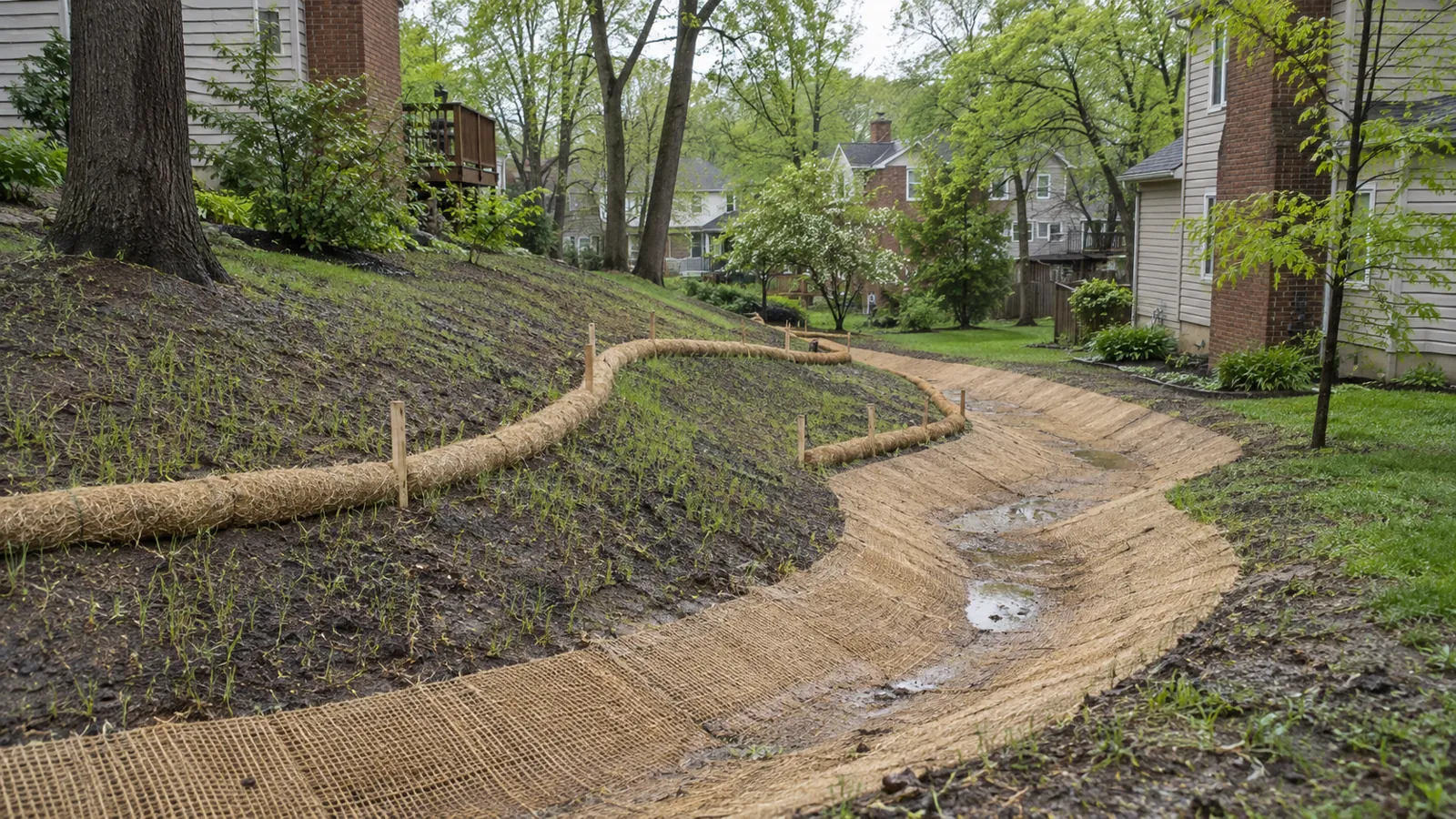 New drainage swale with erosion-control blanket and straw wattles in a sloped backyard
