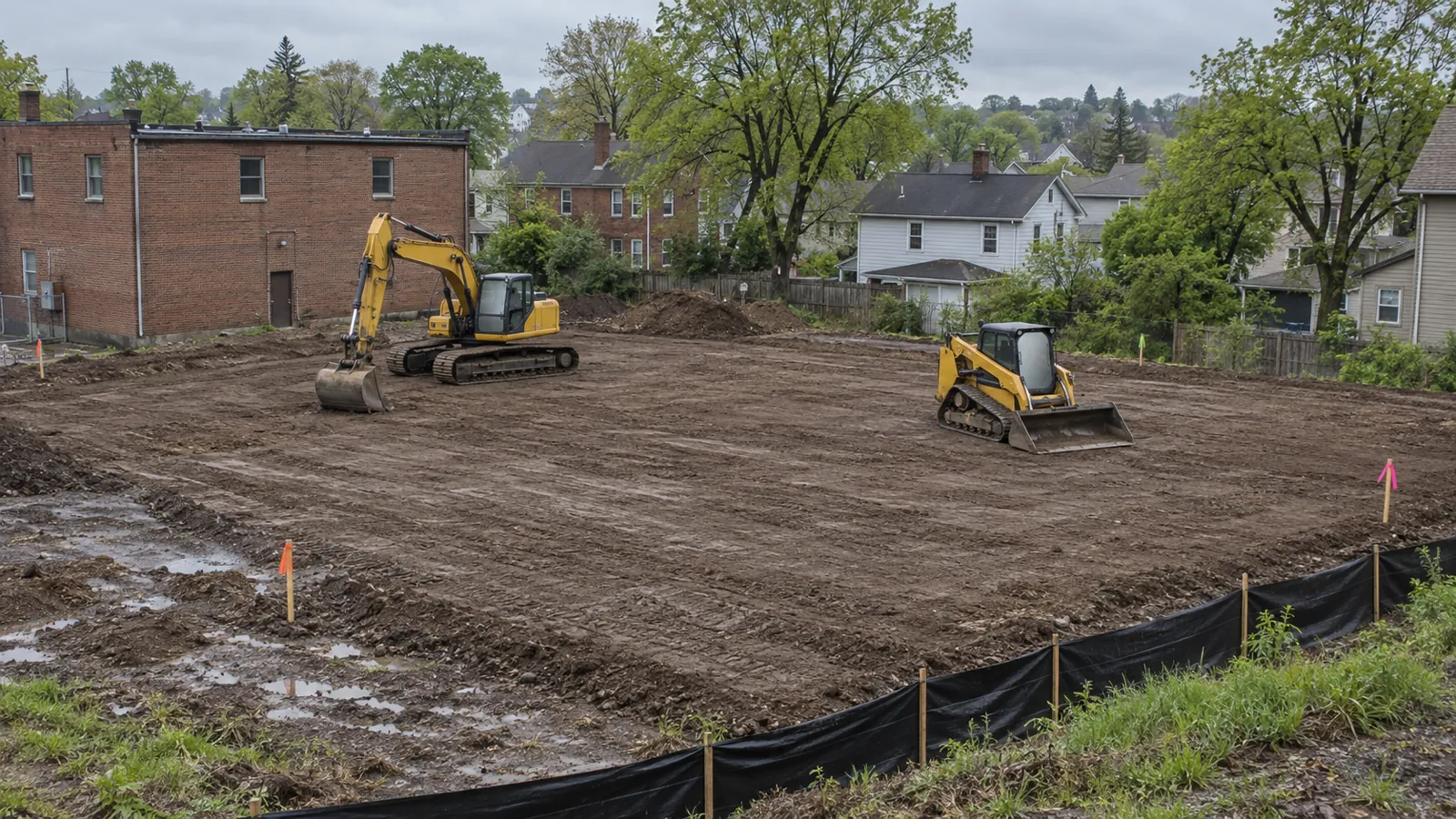 Excavator and track loader shaping a building pad behind a small brick commercial building