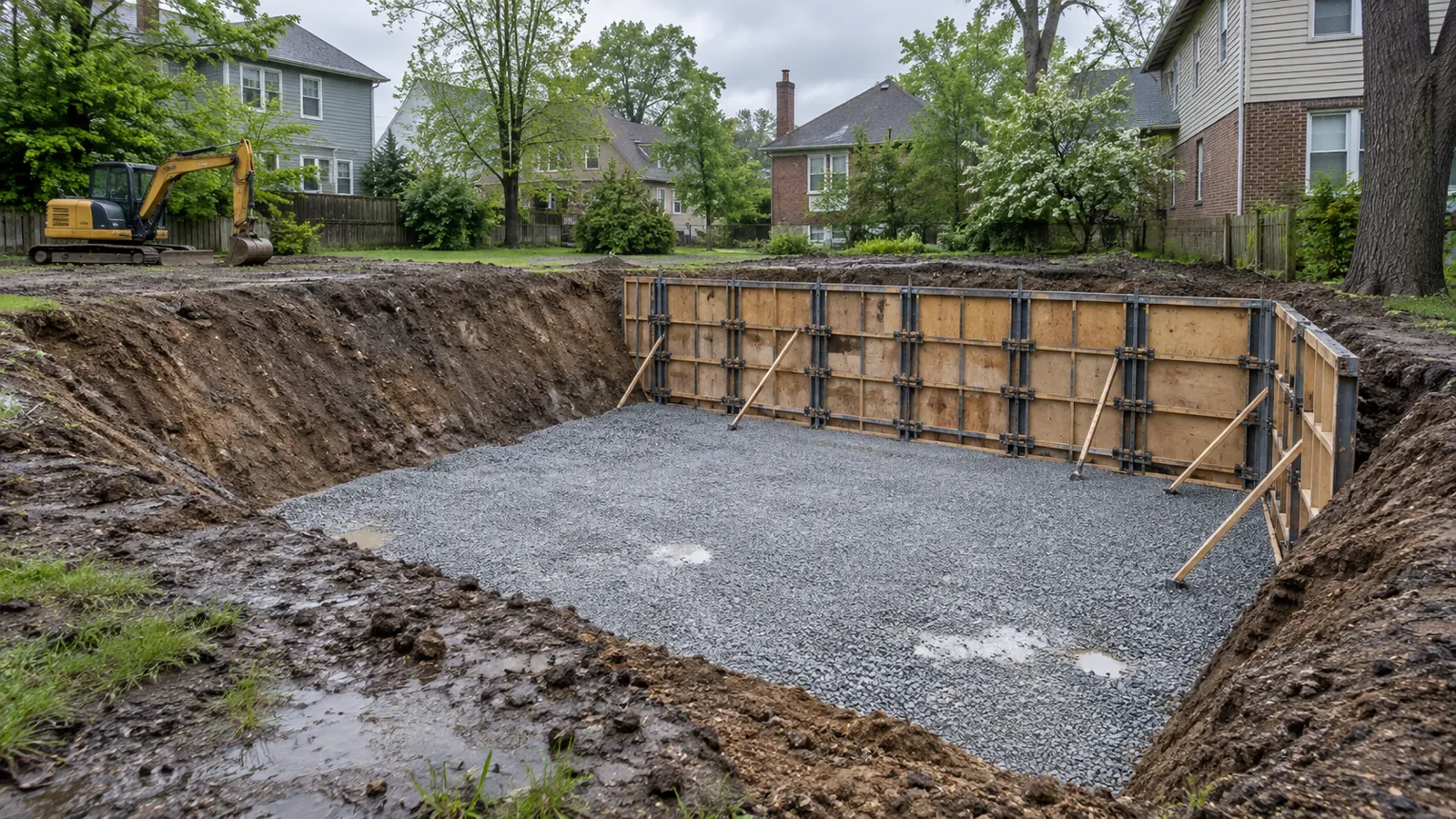 Excavated basement with a crushed stone base and braced wall forms along one side