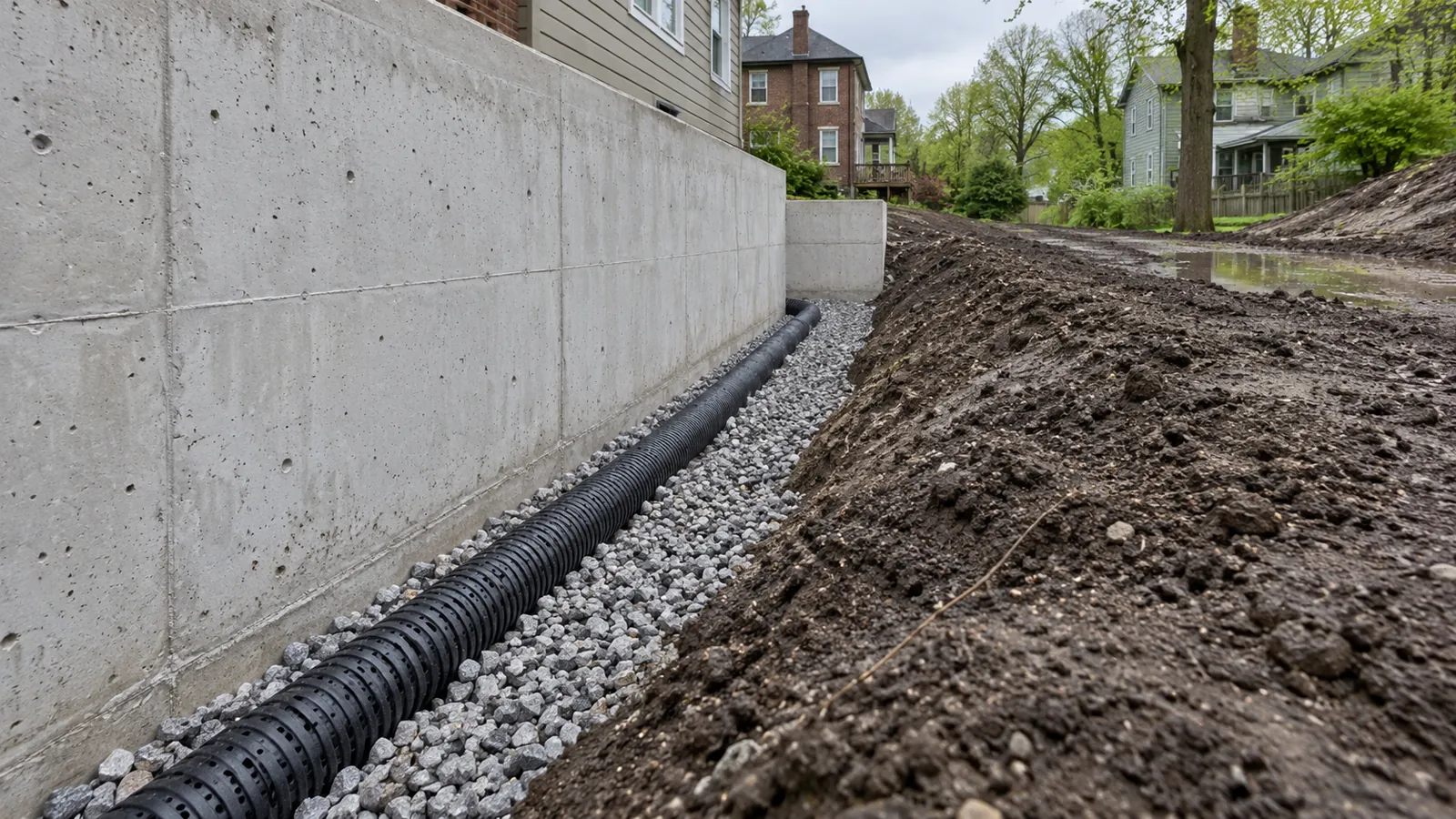 Perforated drain tile in washed stone along the footing of a new concrete wall