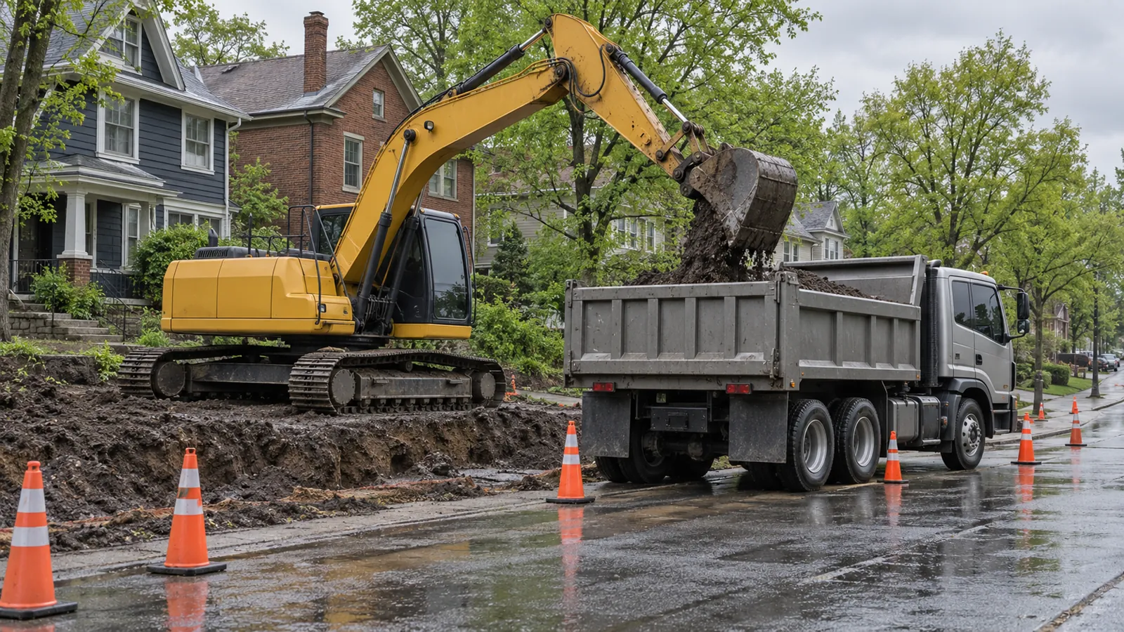 Excavator loading soil into a plain dump truck on a wet residential street