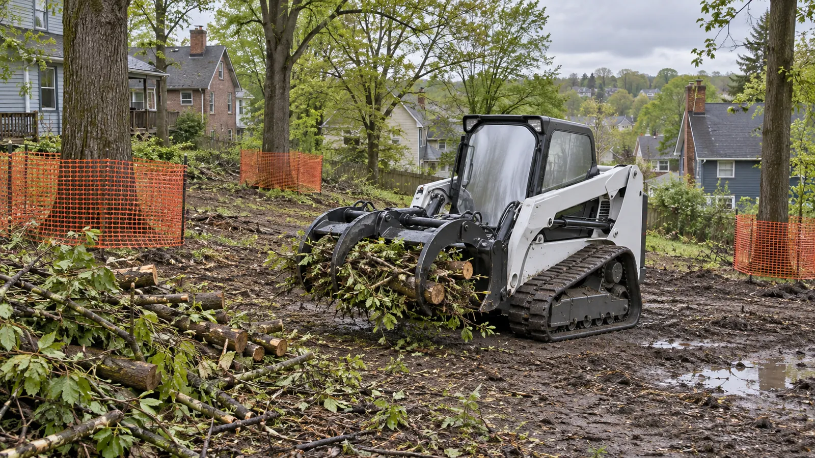 Track loader with a grapple piling cut brush while protected trees stay fenced