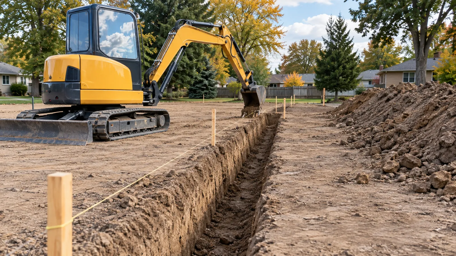 Compact excavator cutting a straight footing trench beside layout stakes and a string line