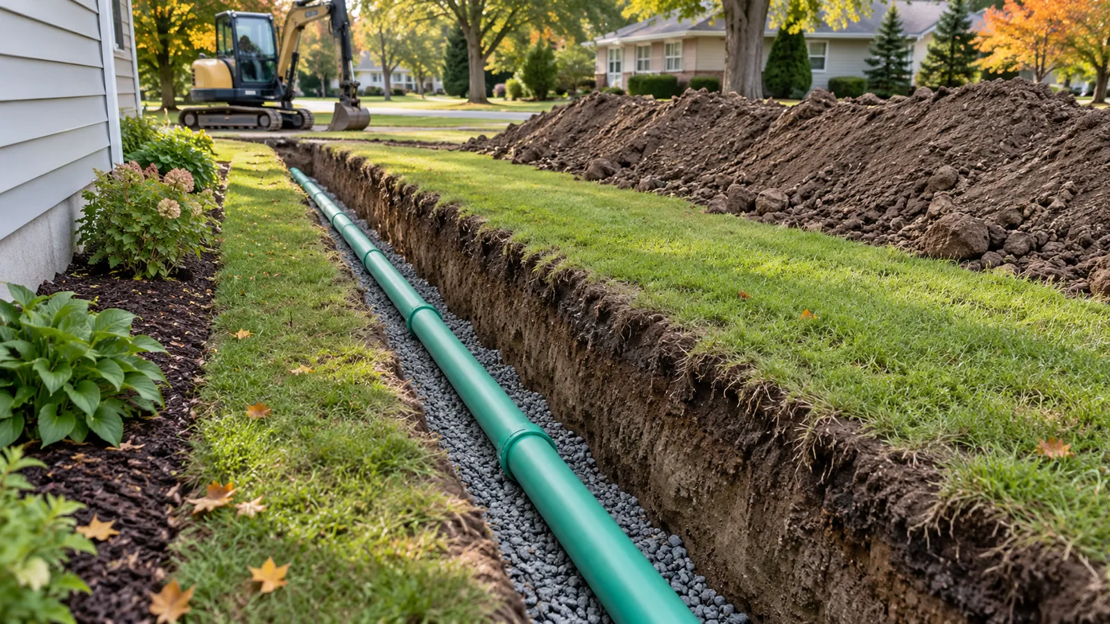 Open utility trench with sewer pipe on stone bedding across a residential side yard