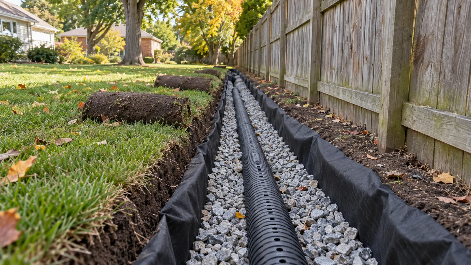 Shallow drainage trench with perforated pipe in washed gravel along a backyard fence