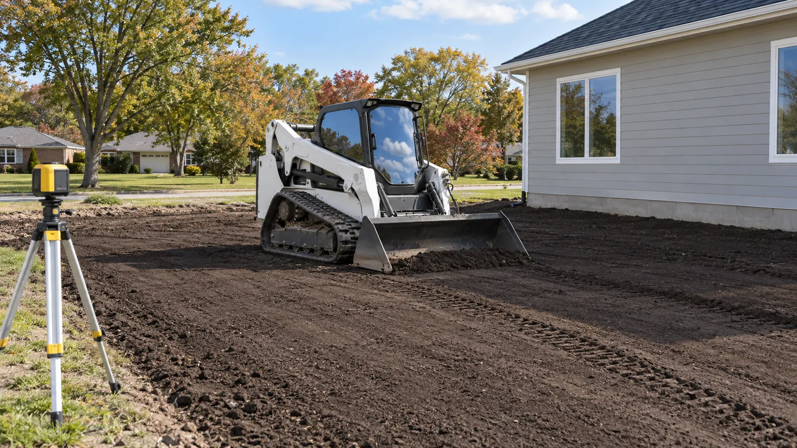 Compact track loader leveling topsoil so the yard slopes away from a new house