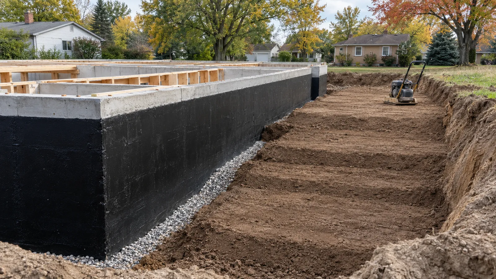 New basement wall with drainage stone and compacted backfill placed in layers