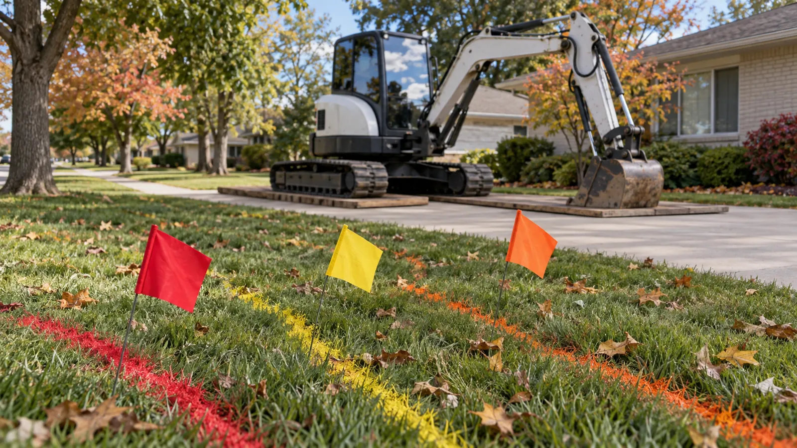 Utility locate flags and paint marks on a front lawn before digging begins