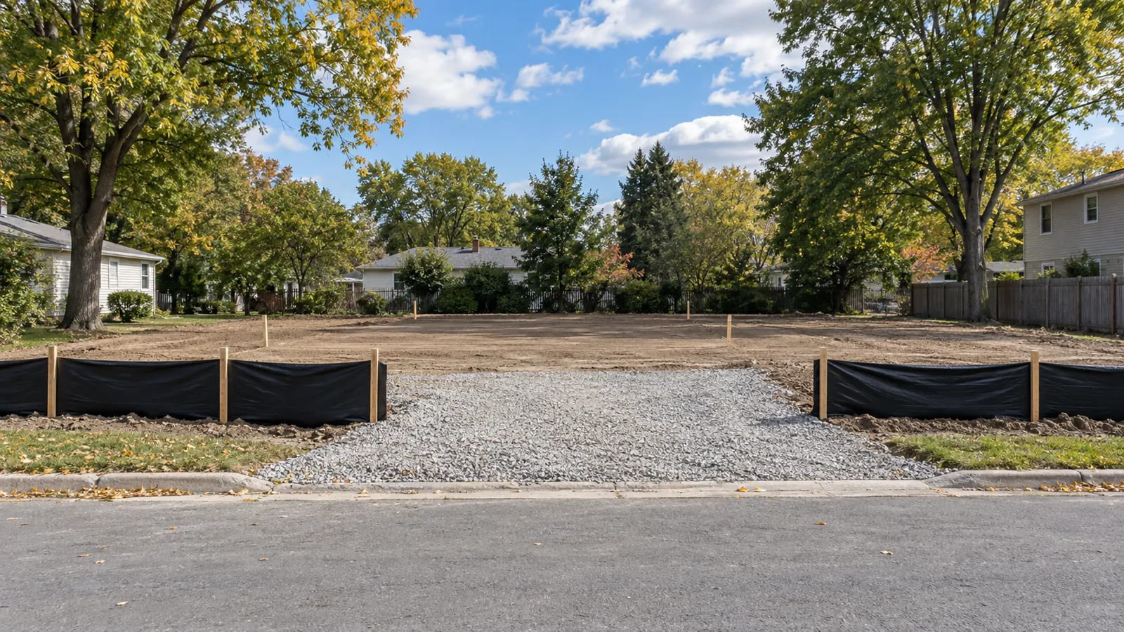 Cleared building lot with silt fence, a stone construction entrance, and corner stakes