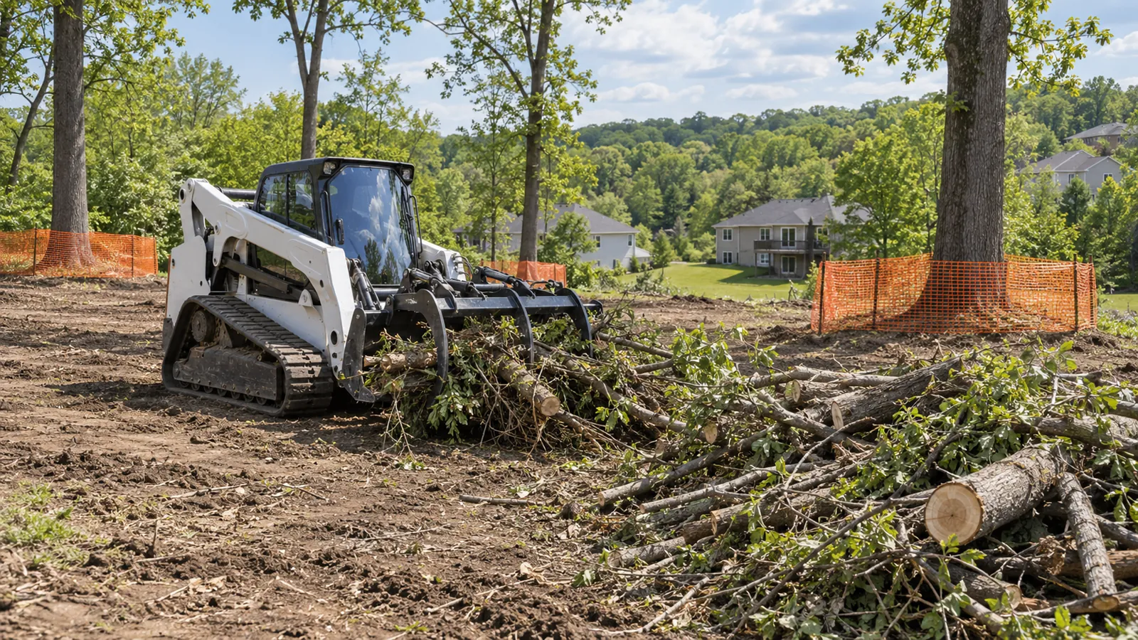 Track loader with a grapple piling cut brush on a partly cleared lot with trees protected on a wooded lot in late spring