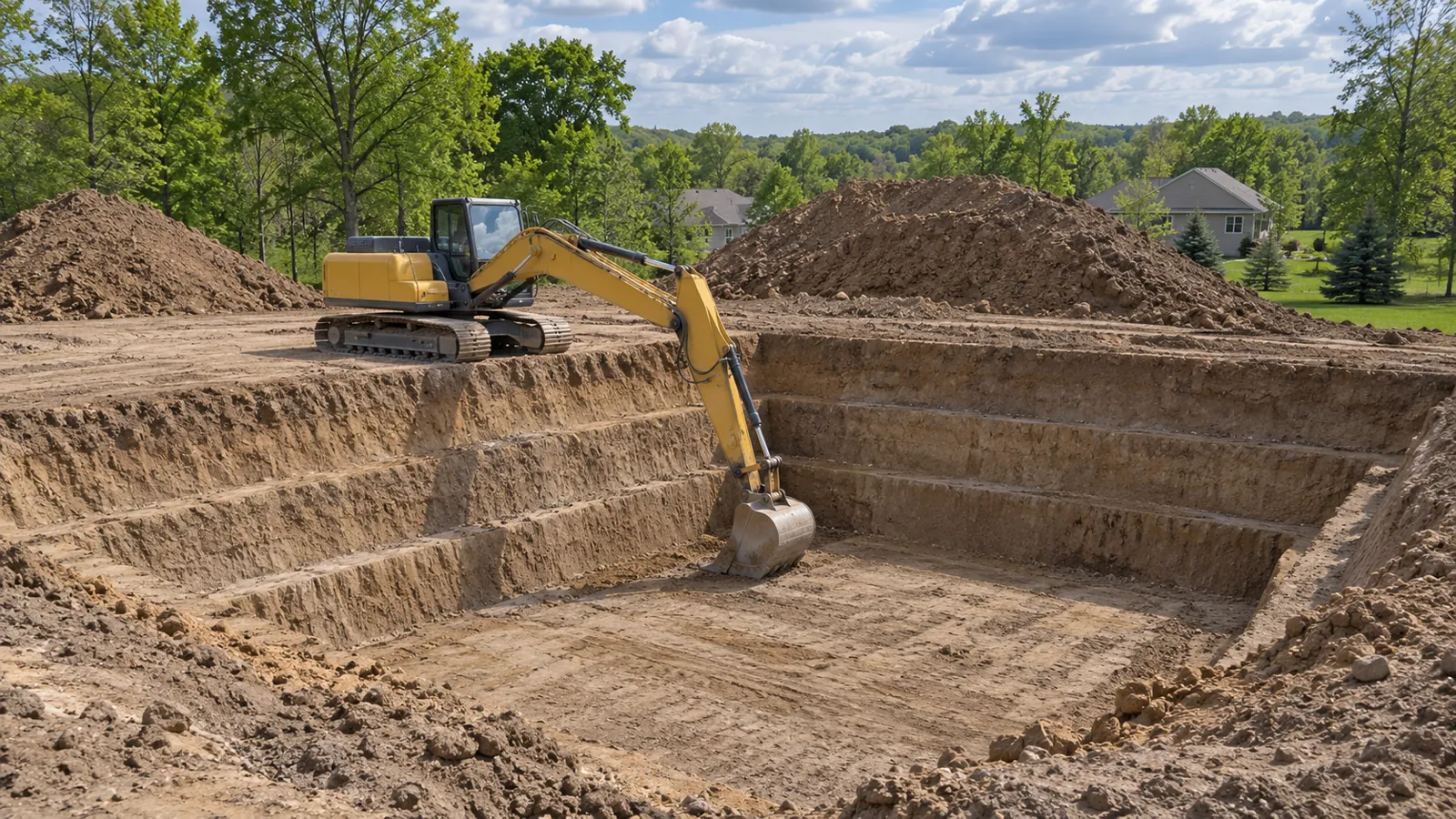 Excavator digging a basement for a new house with spoil set back from the edge on a wooded lot in late spring