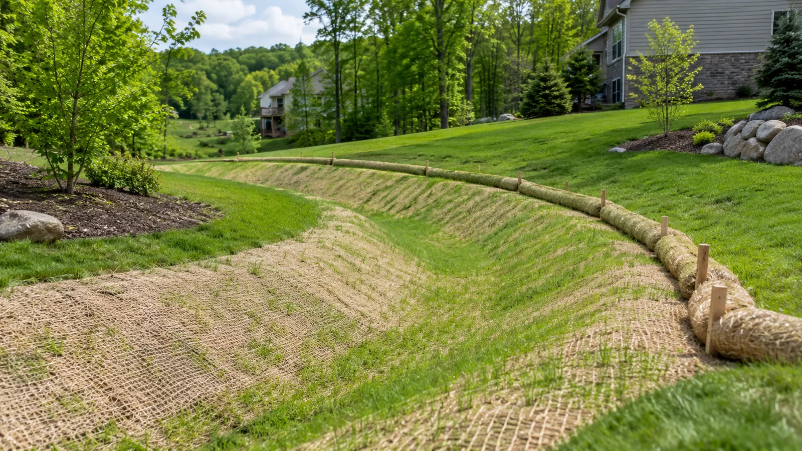 New drainage swale lined with erosion-control blanket and straw wattles on a wooded lot in late spring