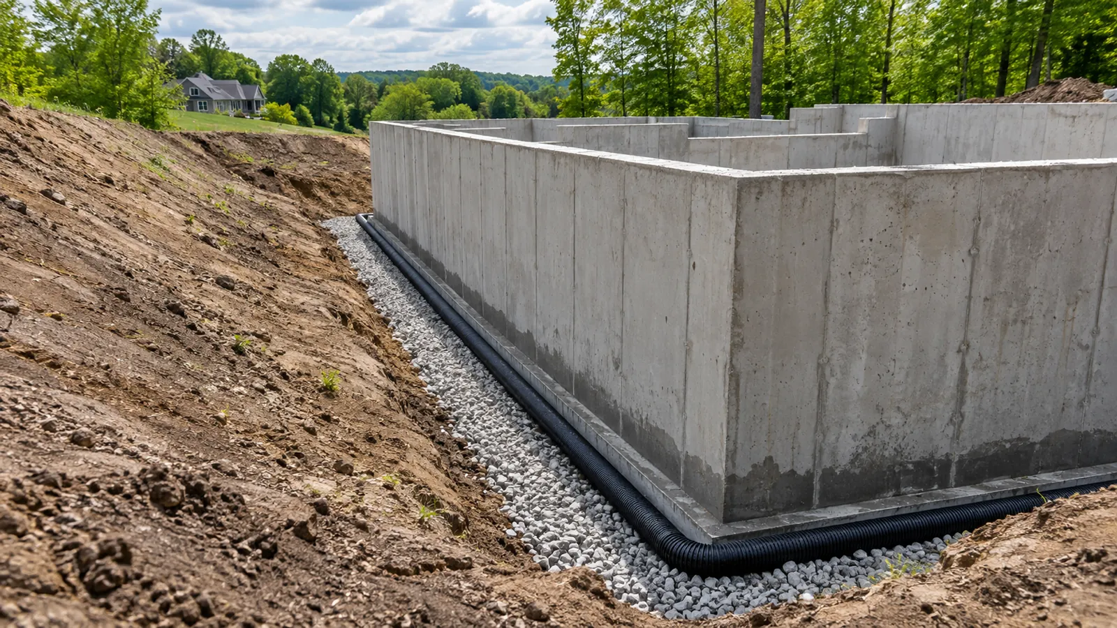 Perforated drain tile in washed stone along the footing of a new foundation wall on a wooded lot in late spring