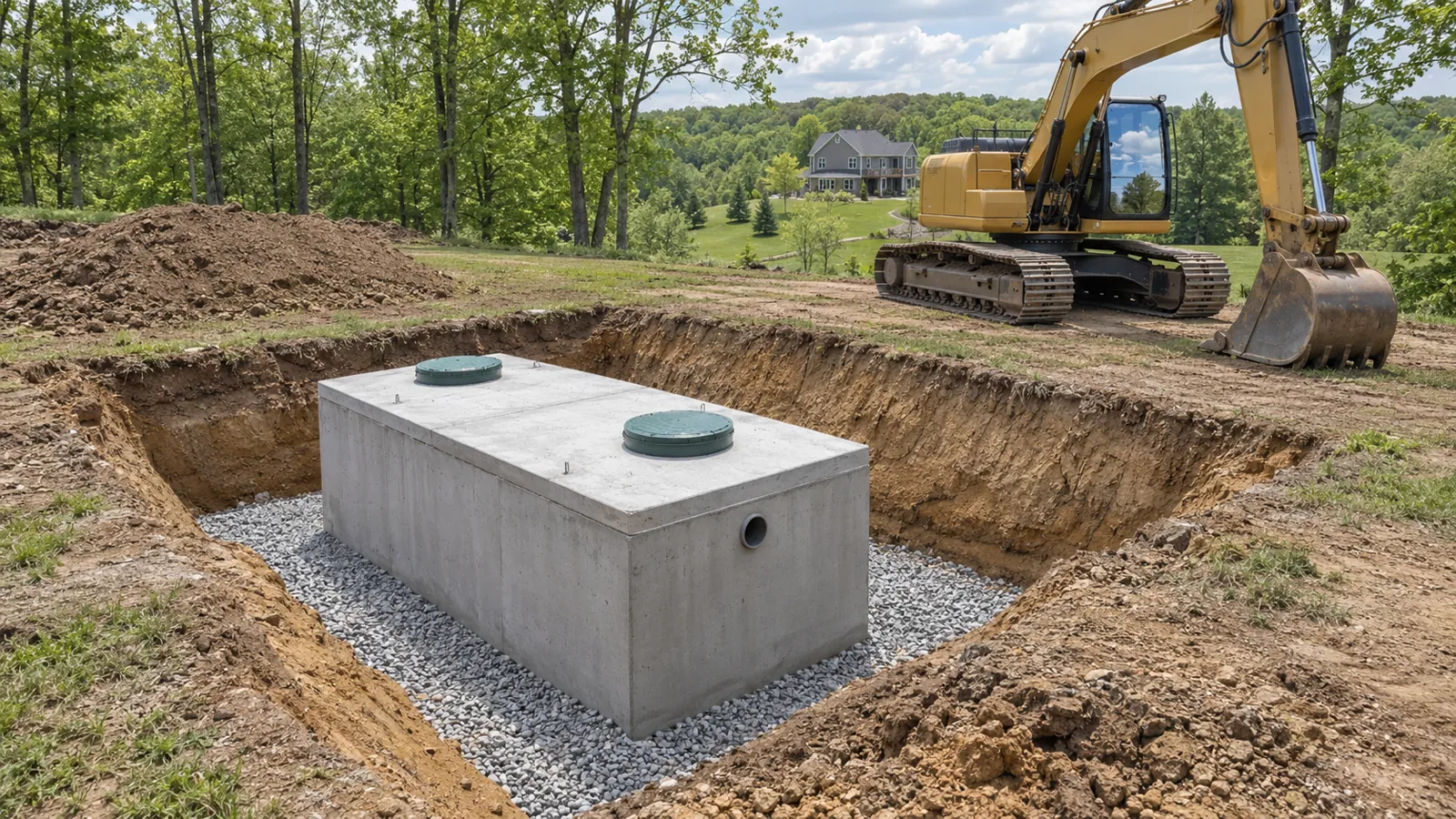 New precast septic tank set level in a neat excavation beside a parked excavator on a wooded lot in late spring