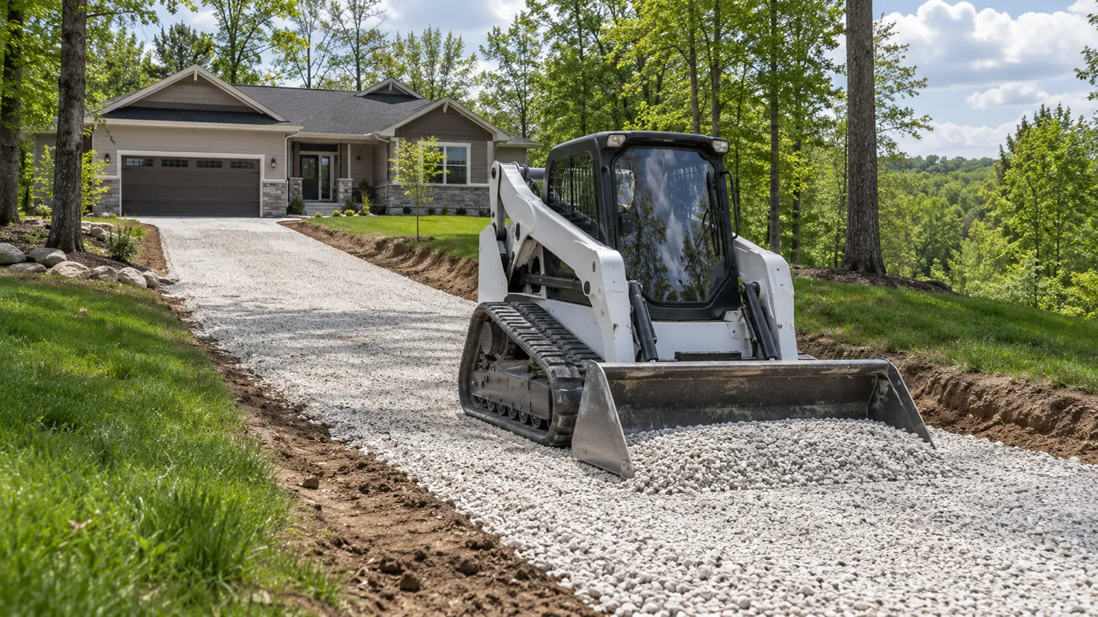 Compact track loader spreading crushed stone for a new gravel driveway base on a wooded lot in late spring