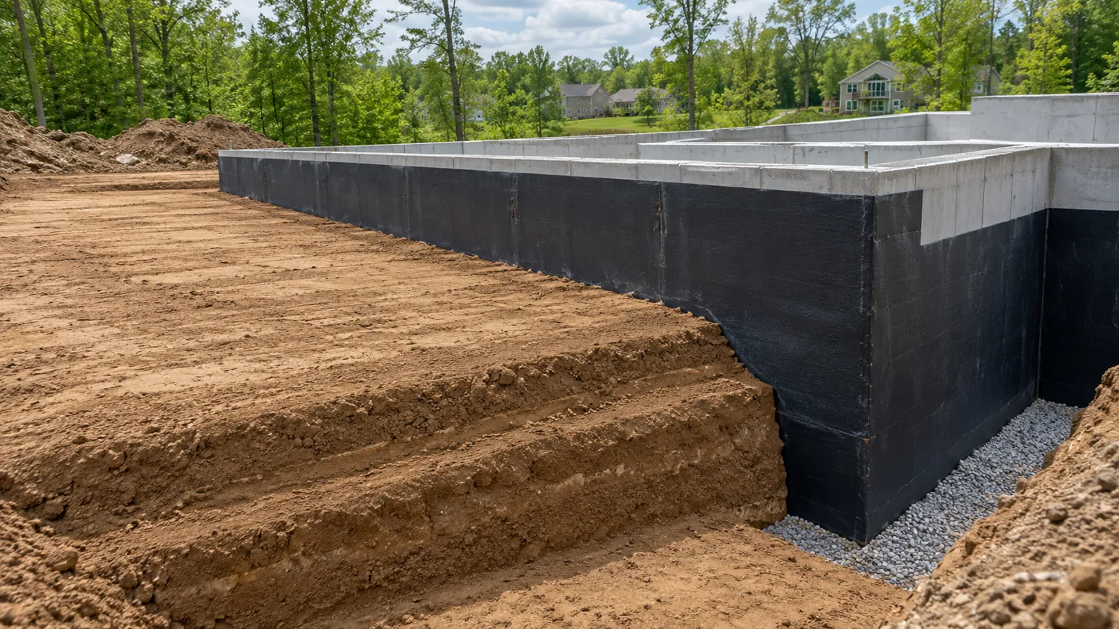 New basement wall with waterproofing and drainage stone at its base, ready for backfill on a wooded lot in late spring