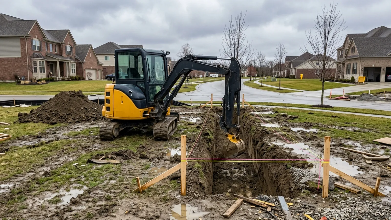 Compact excavator cutting a footing trench beside layout stakes and a string line in early-spring mud