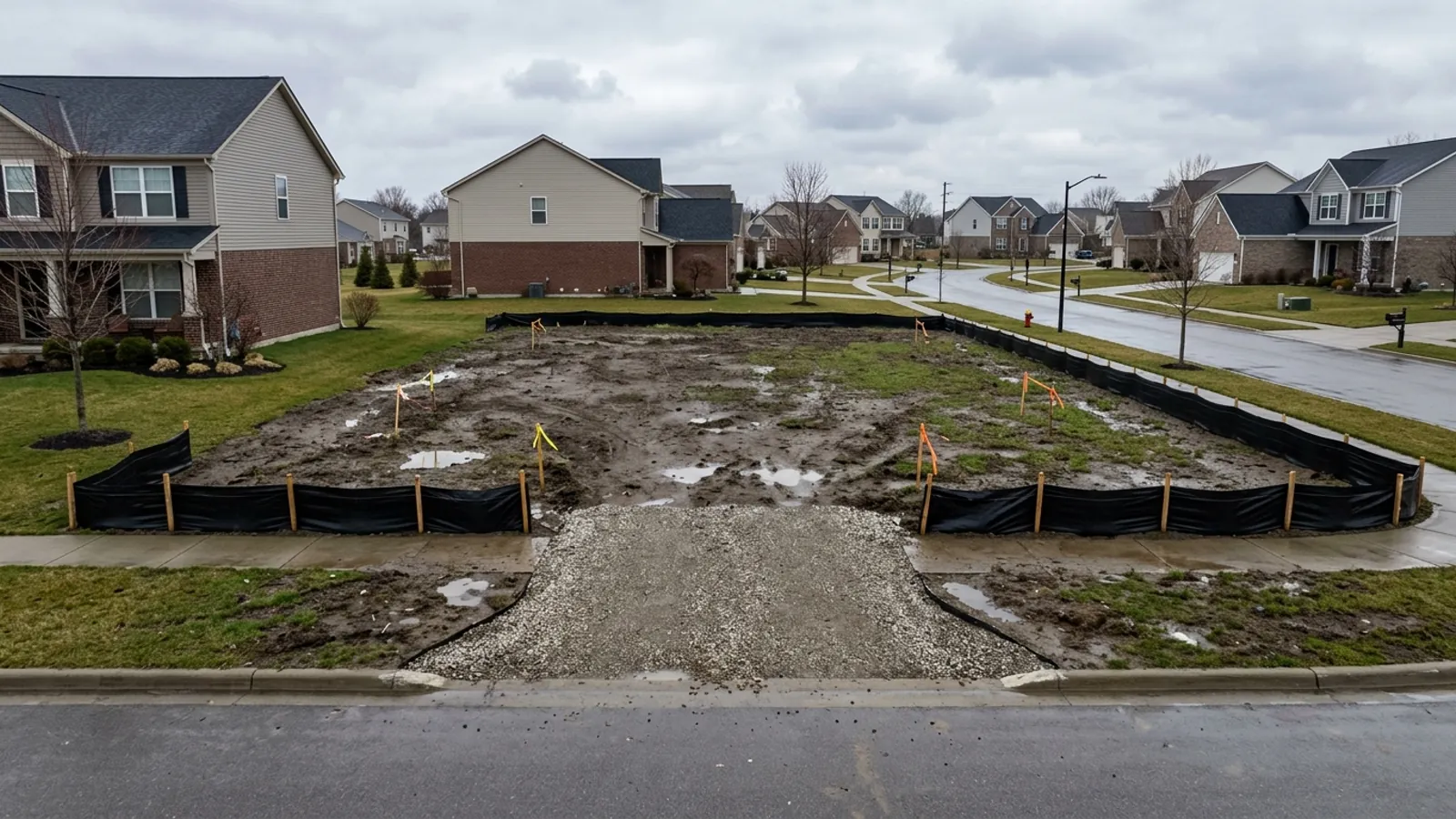 Cleared building lot with silt fence, a stone construction entrance, and corner stakes in early-spring mud