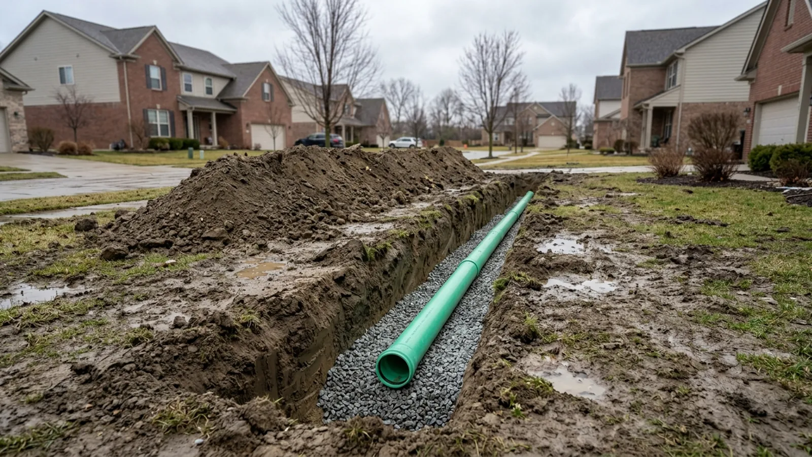 Open trench with sewer pipe on crushed-stone bedding across a yard in early-spring mud