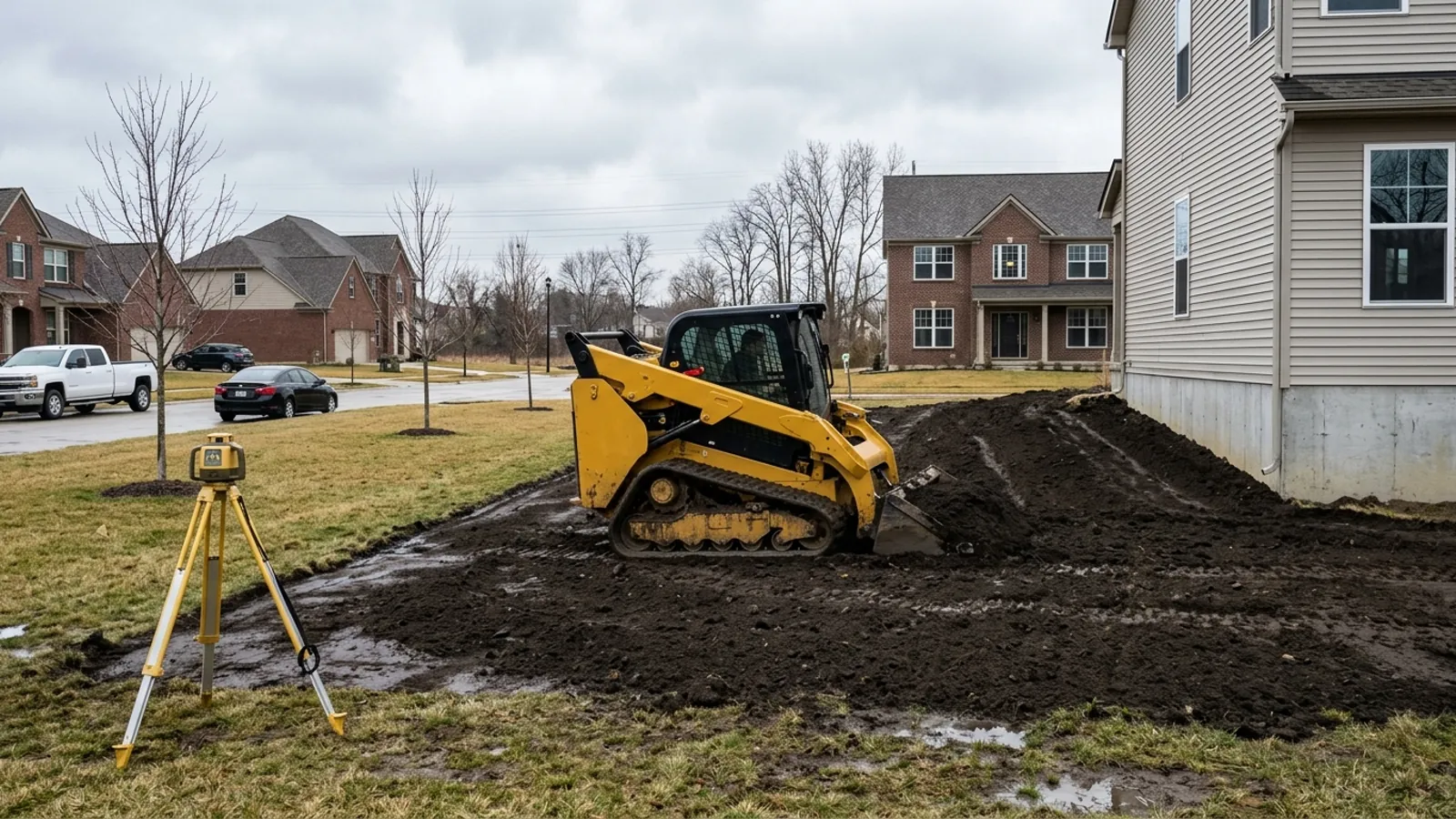 Compact track loader leveling topsoil so the yard slopes away from a new house in early-spring mud