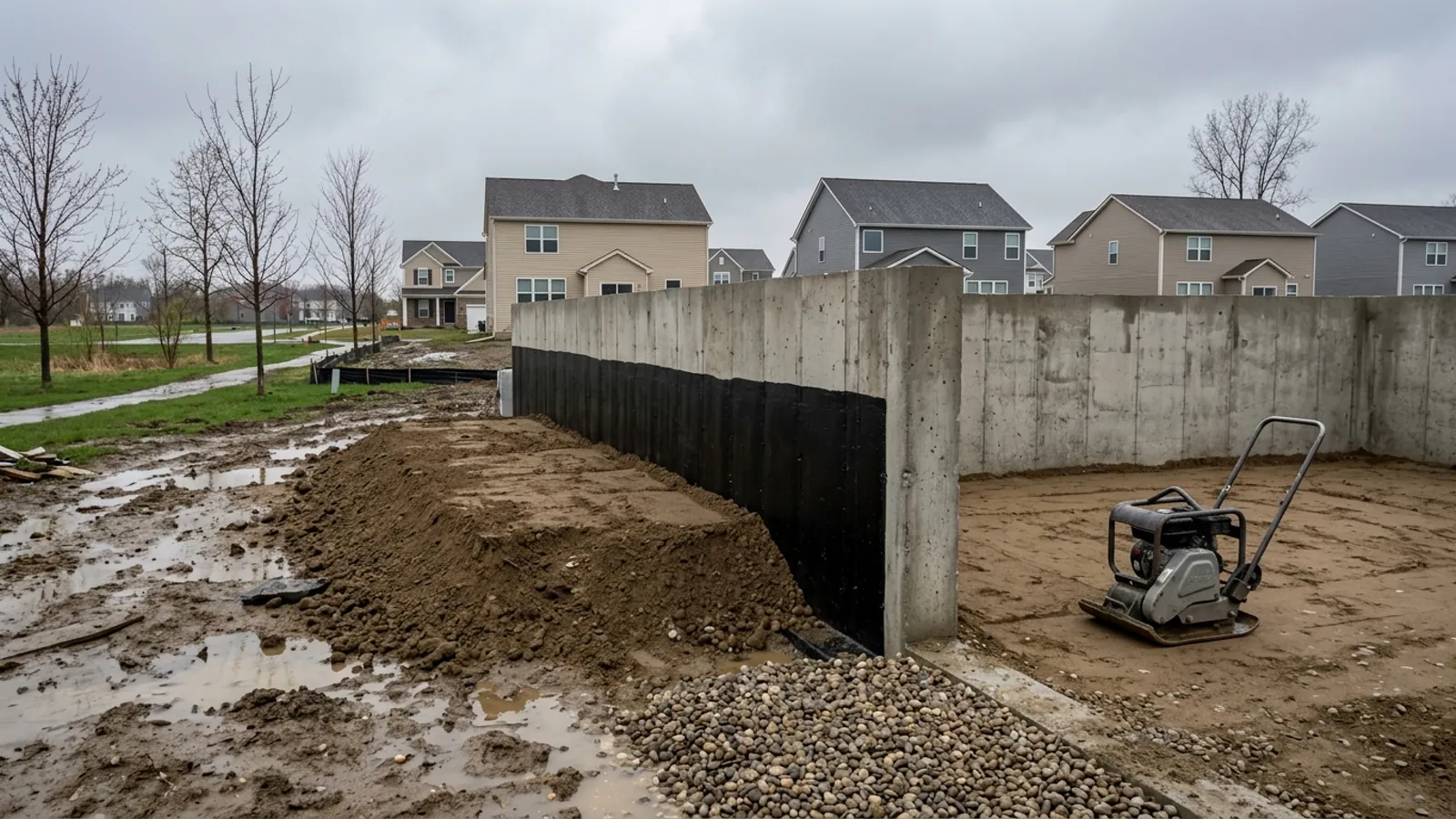 New basement wall with waterproofing, drainage stone, and backfill soil piled against it in early-spring mud
