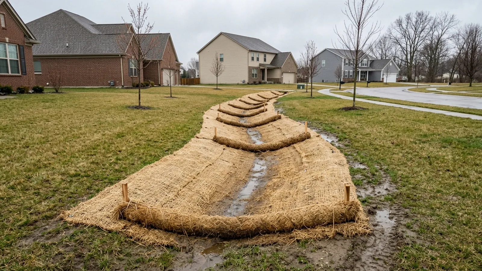 New drainage swale lined with erosion-control blanket and straw wattles in early-spring mud