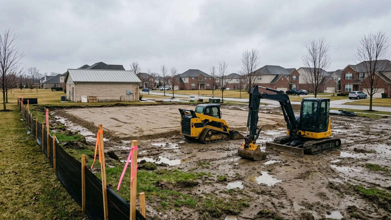 Excavator and track loader shaping a large building pad behind a small commercial building in early-spring mud